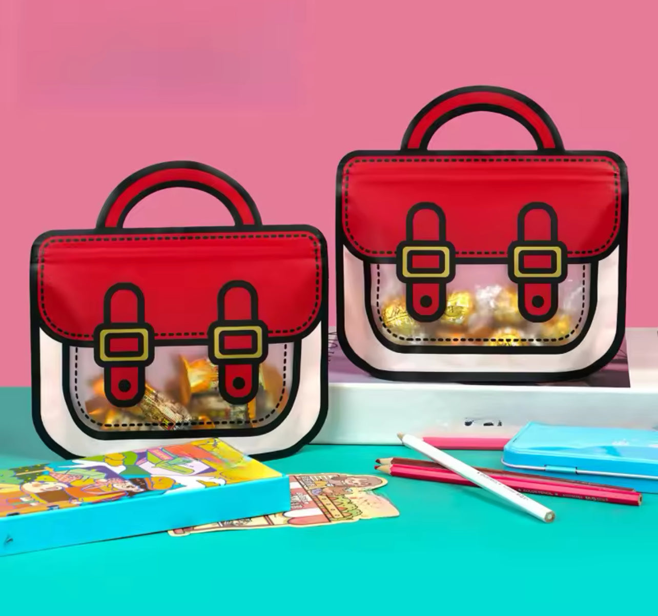 StoBag Candy Packaging Ziplock Bags Cute Snack Chocolate Tote Handle with Window Kids Cartoon Plastic Sealed Food Storage