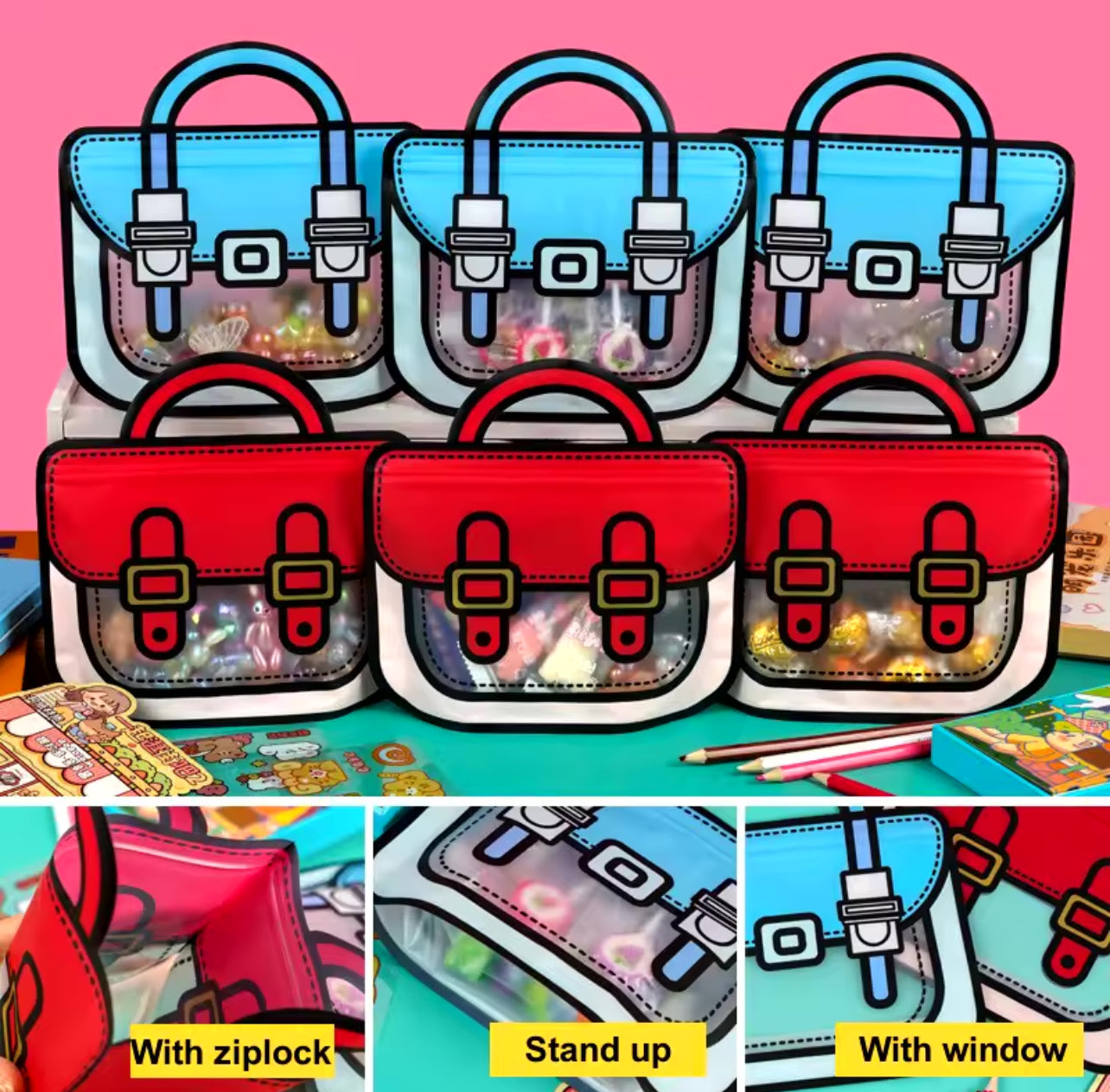 StoBag Candy Packaging Ziplock Bags Cute Snack Chocolate Tote Handle with Window Kids Cartoon Plastic Sealed Food Storage