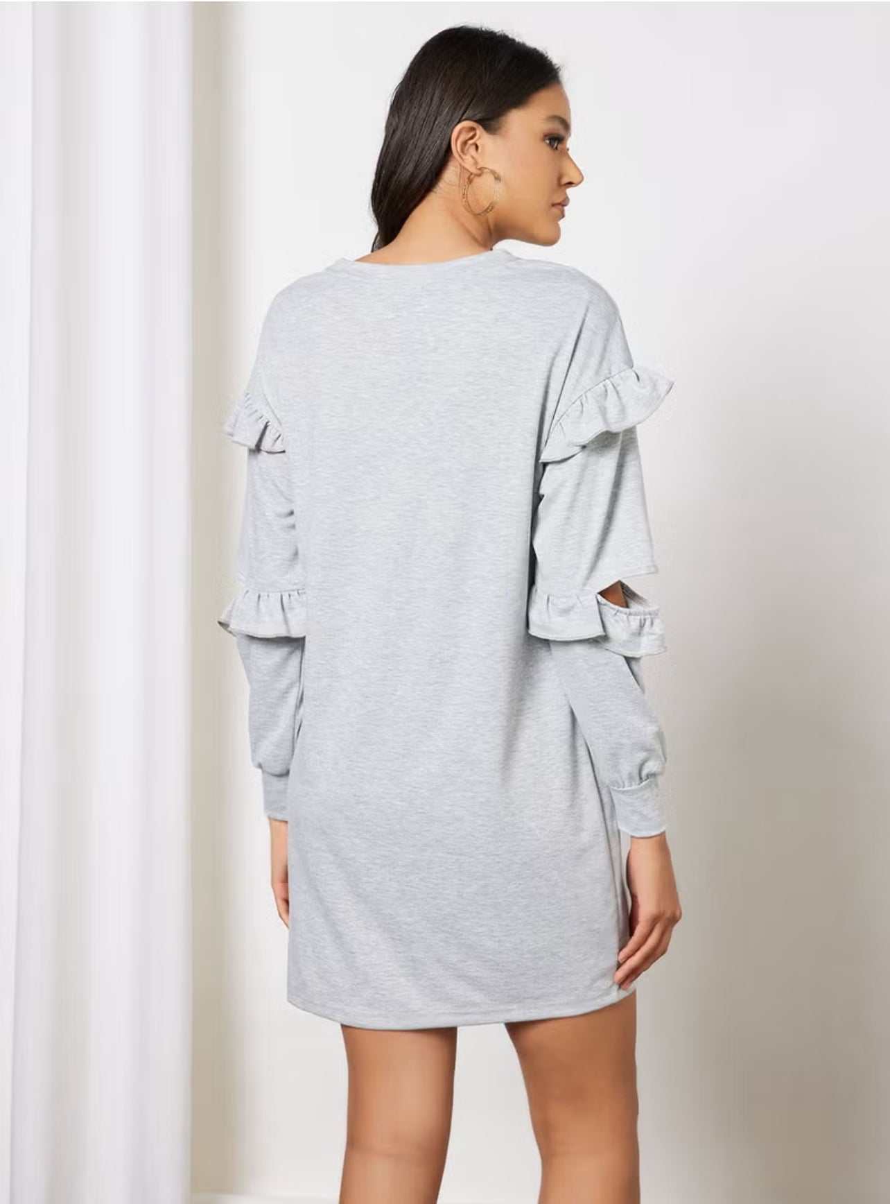 Casual Round Neck Ruffle Detail Sleeve Sweatshirt Loose Mini Dress Grey - Med