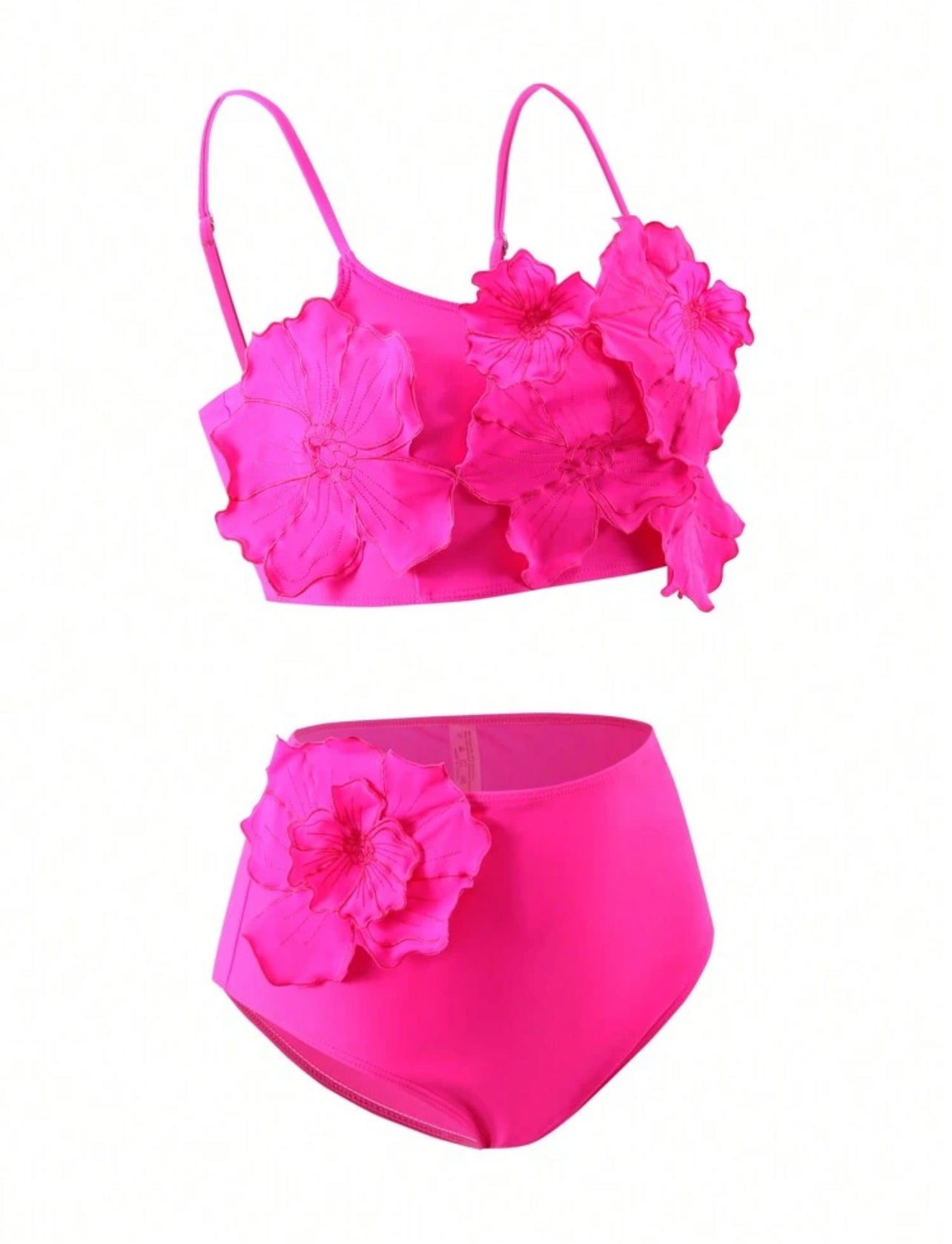 Swim Vcay Women's Summer Beach Hot Pink Solid Color 3D Flower Decorated Bikini Set Summer Two Pieces Set - Medium