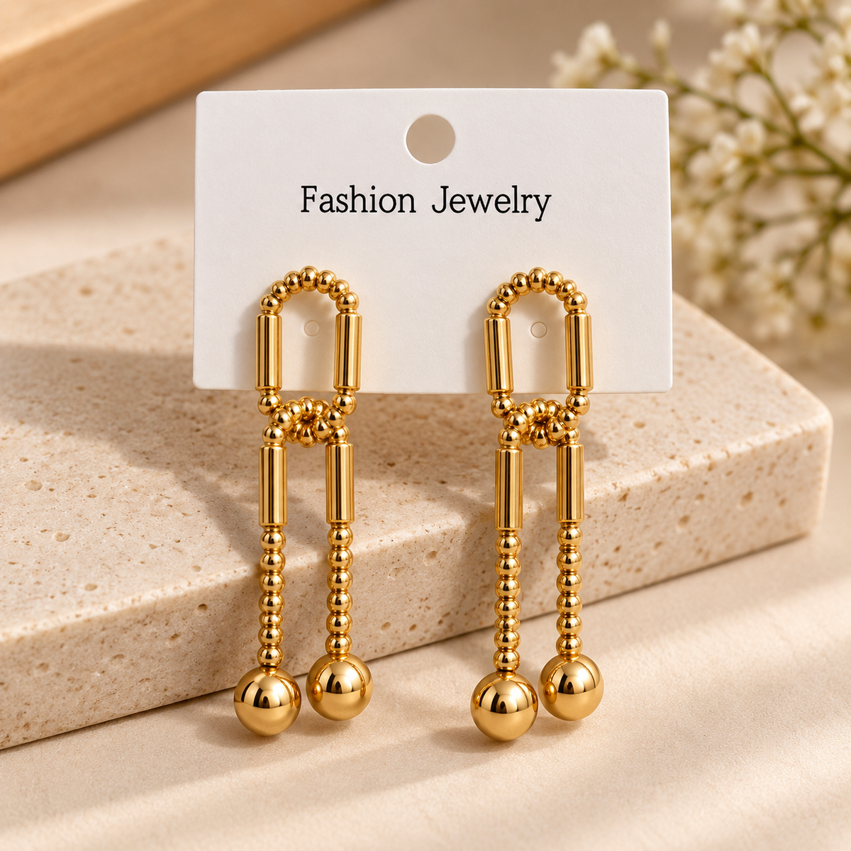 Gold Geometric Beaded Drop Earrings – Double Chain & Ball Detail