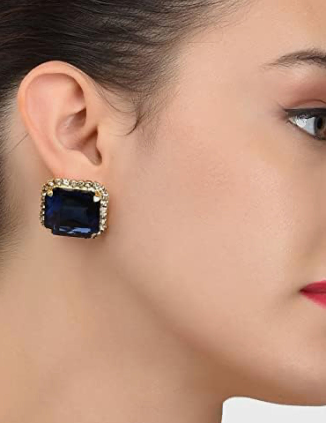 The Ethnicity big stone studded rectangular stud earrings for women/girls fancy zirconia (Blue)