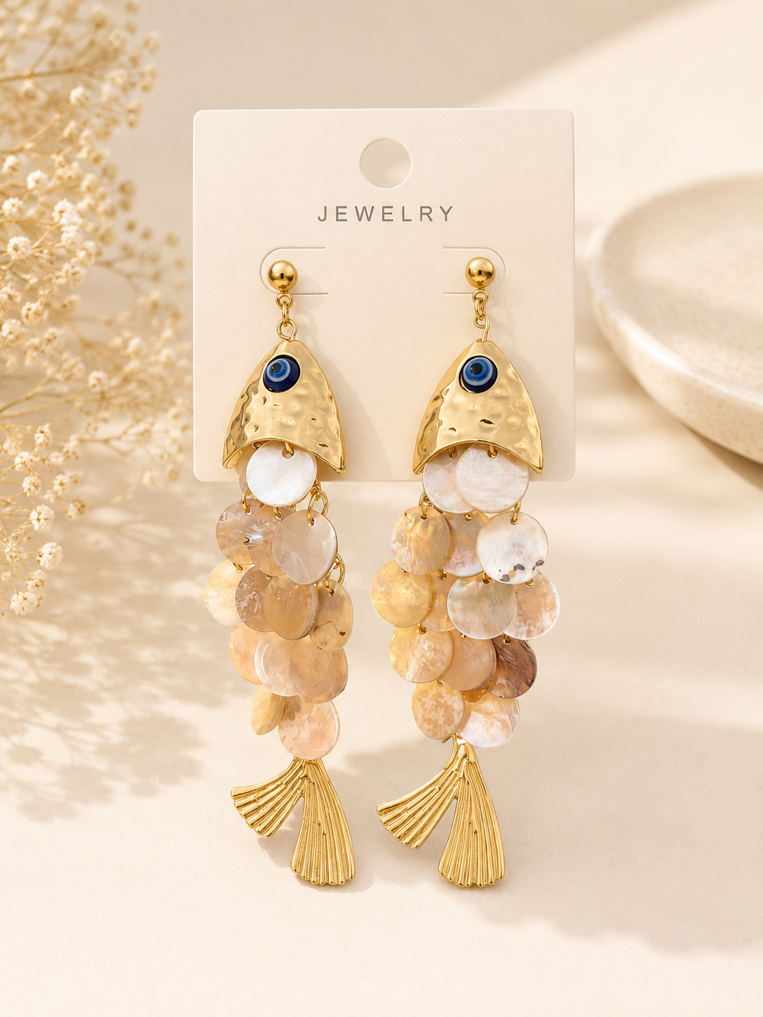 Evil Eye Gold Fish Drop Earrings – Statement Shell Disc Earrings Hurry! Limited Pieces Available