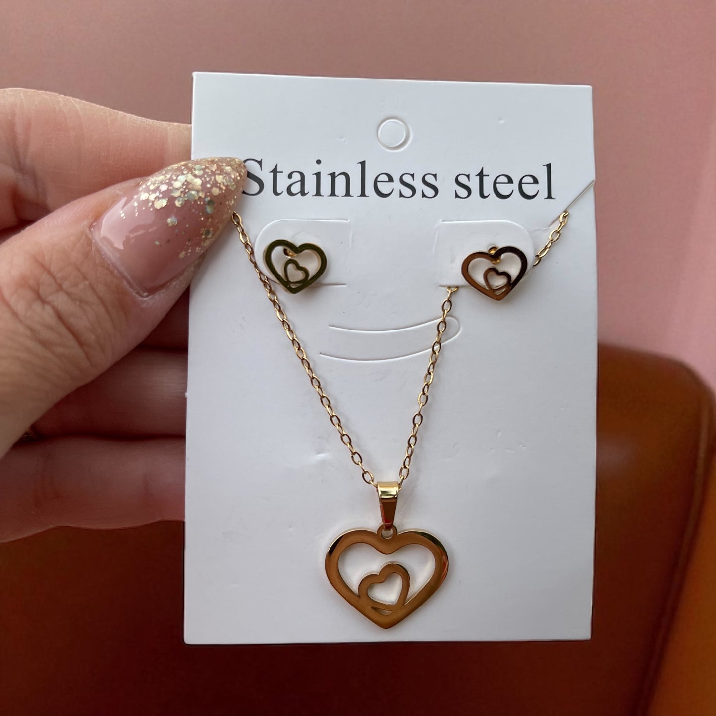 18K Gold Plated Necklace And Earrings Jewelry Sets Female Ladies Stainless Steel Pe ndant Necklaces And Stud Earrings For Wedding