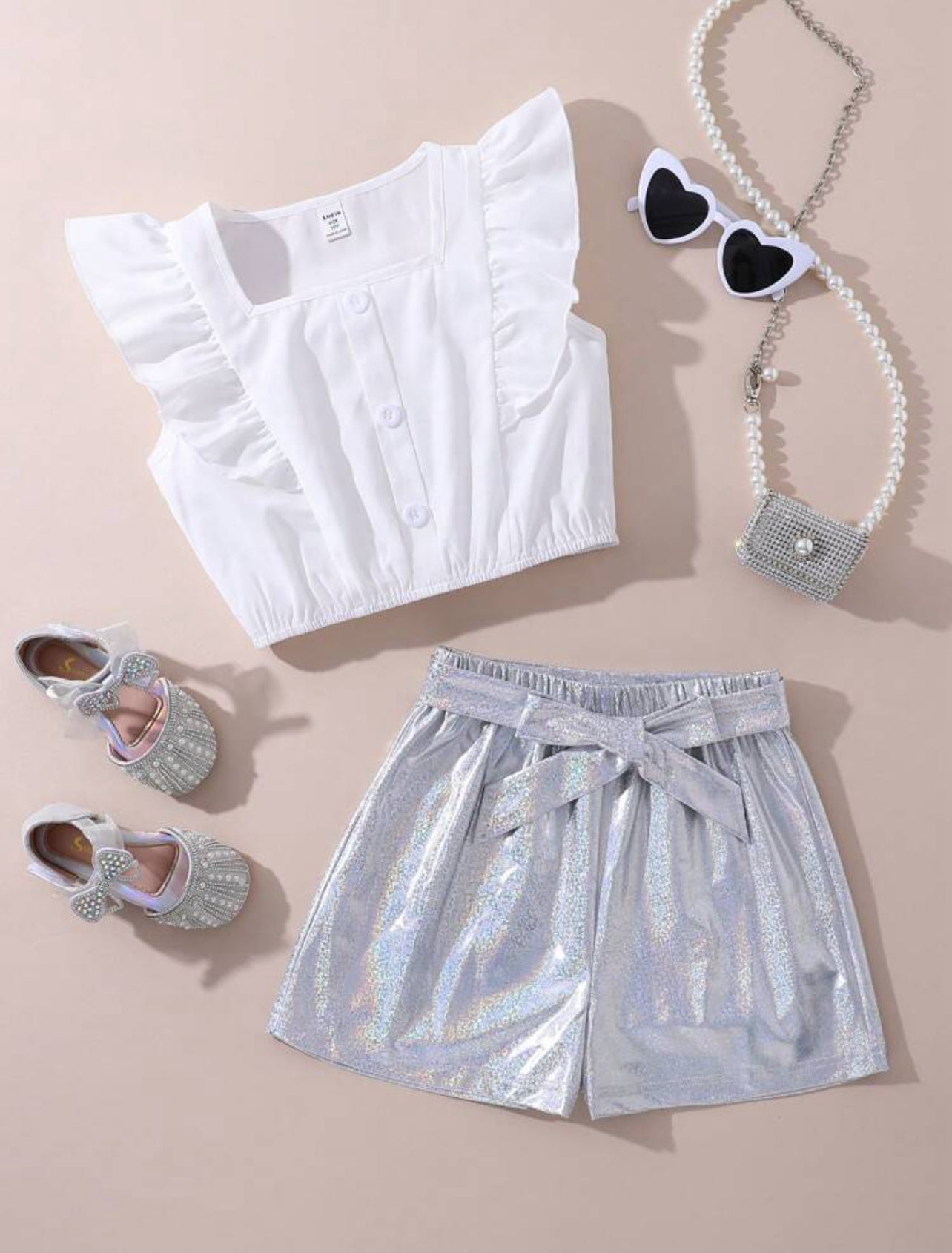 SHEIN Tween Girl's Short Sleeve Blouse And Holographic Shorts - 10Y