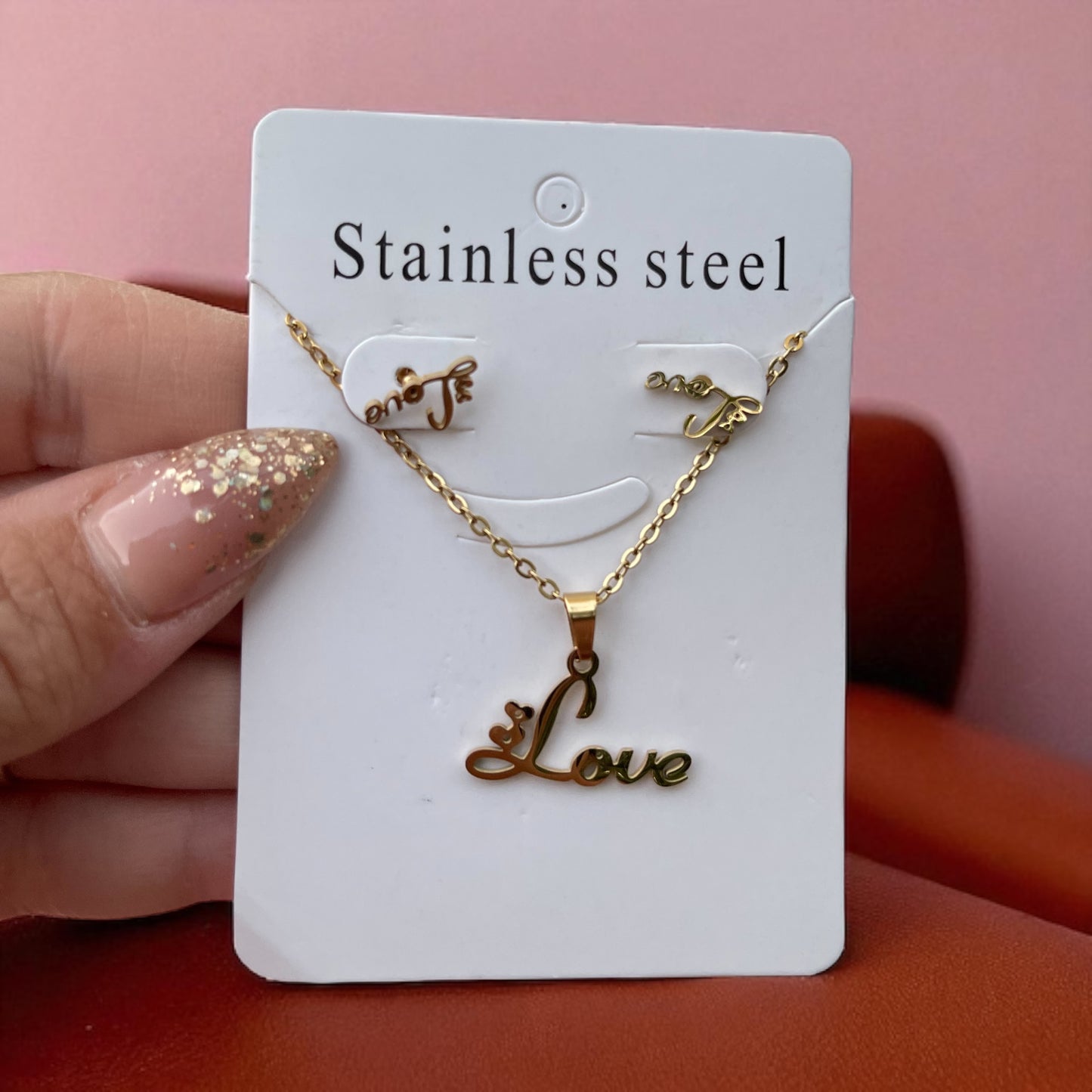 18K Gold Plated Necklace And Earrings Jewelry Sets Female Ladies Stainless Steel Pe ndant Necklaces And Stud Earrings For Wedding