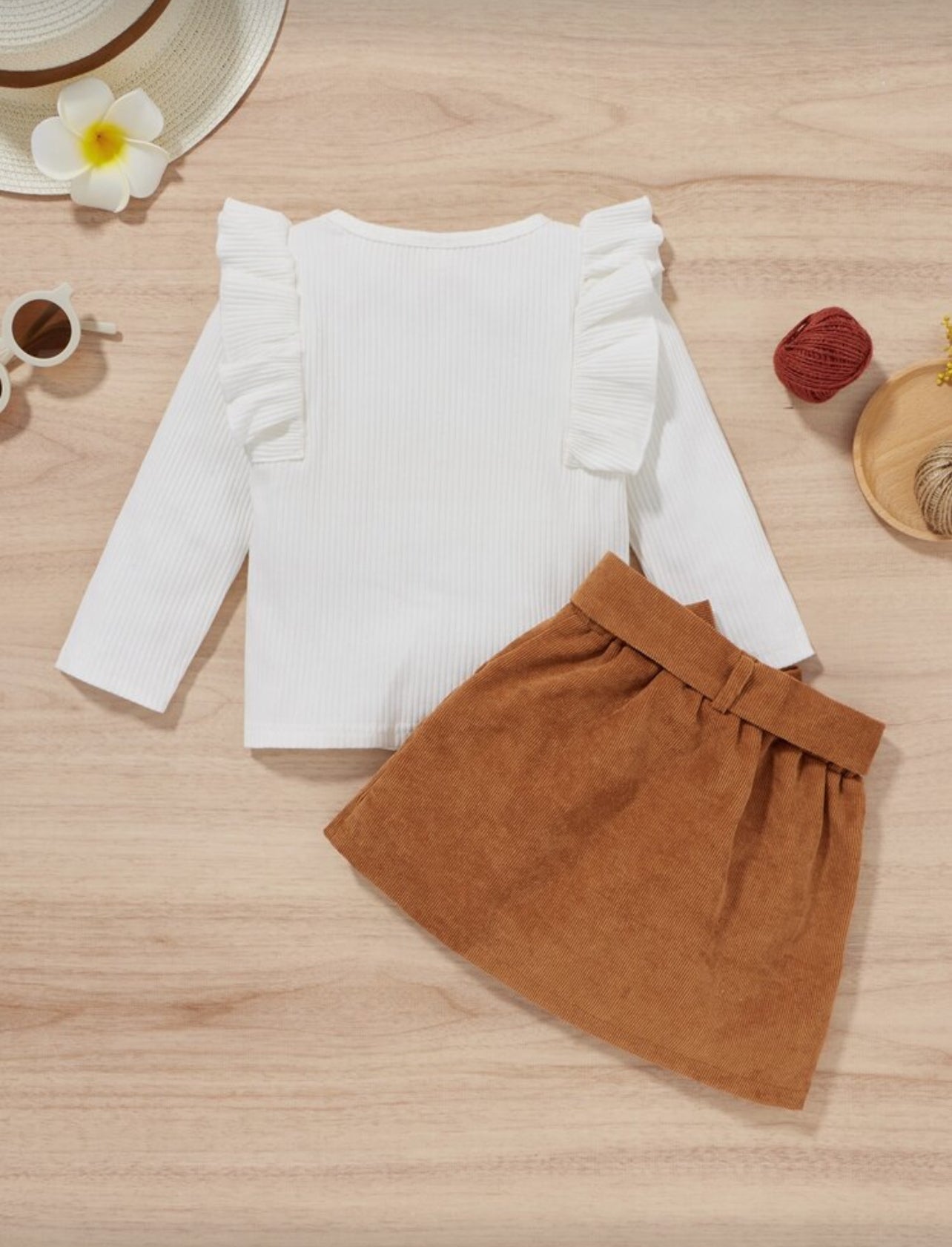 SHEIN Young Girl Ribbed Knit Ruffle Trim Top & Belted Skirt - 3Y