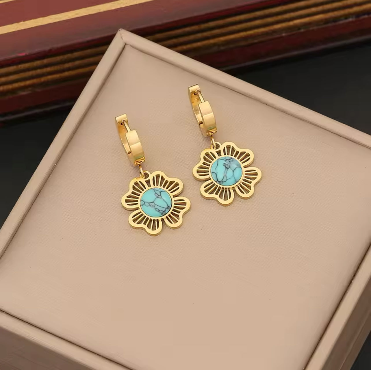 Pedina Stainless steel Turquoise Flower Necklace set (Necklace + Bracelet + earrings) For Women Fashion New Gift Neck Chain Waterproof Jewelry