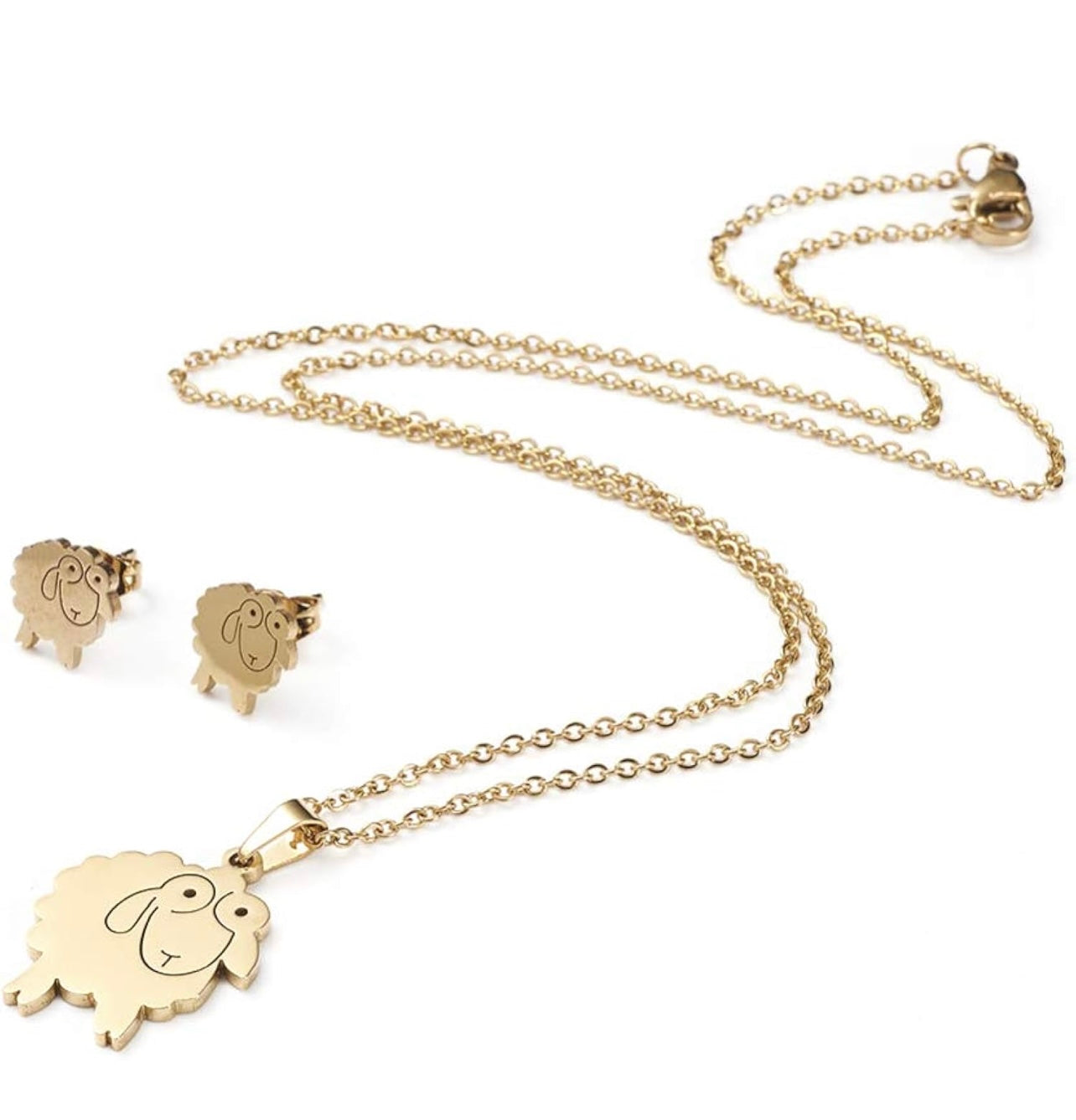 Stainless Steel Set Pendant Necklace Stud Earrings Lobster Sheep Gold