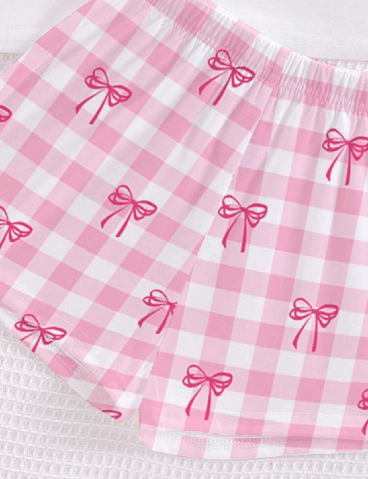 SHEIN Tween Girls' Casual Bow Decor Round Neck Short Sleeve T-Shirt And Plaid Shorts Pajama Set, Suitable For Summer Home Refresh - 10Years