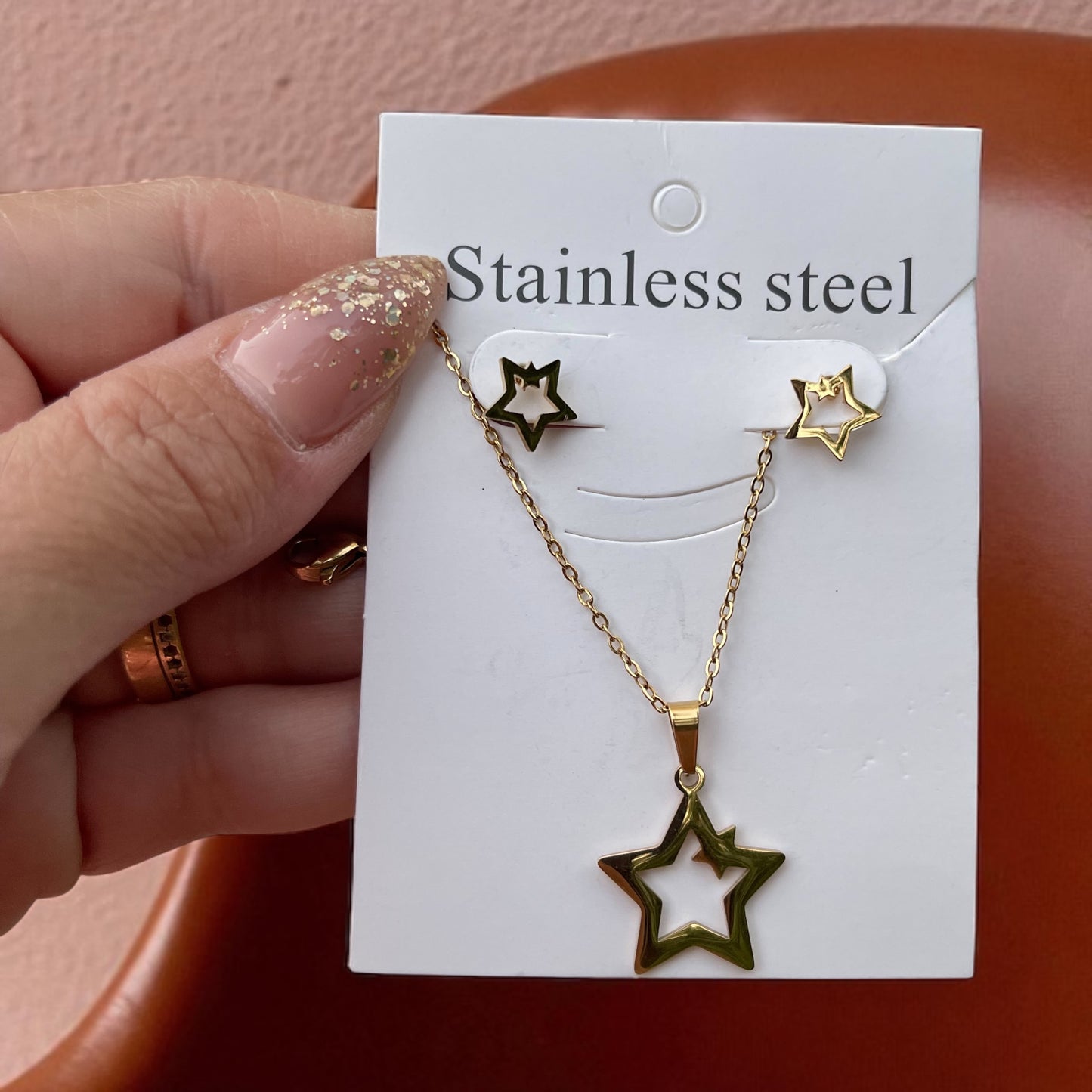 18K Gold Plated Necklace And Earrings Jewelry Sets Female Ladies Stainless Steel Pe ndant Necklaces And Stud Earrings For Wedding