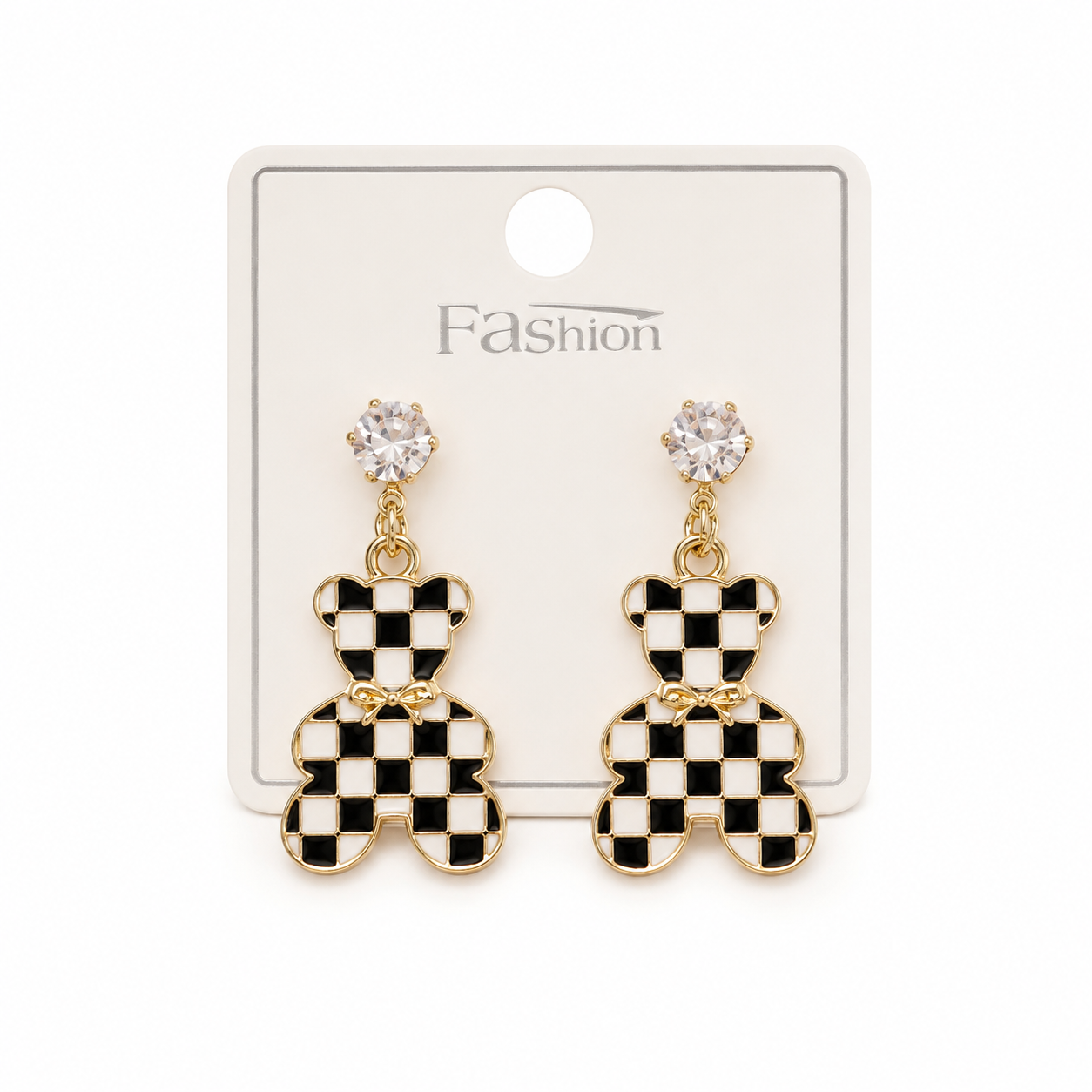 Checkerboard Teddy Bear Drop Earrings – Gold Plated Rhinestone Stud Earrings