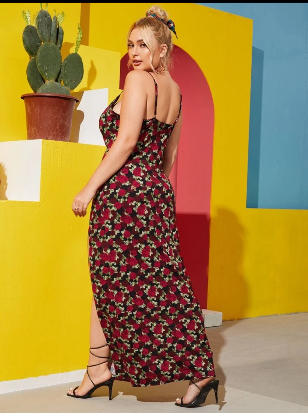 SHEIN Plus High Split Rose Print Summer Dress - 0XL