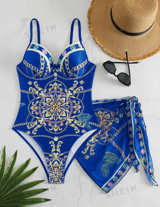 Women Vacation Style European Floral Print Spaghetti Strap Jumpsuit With Skirt And Sexy Bikini Swimsuit - XL