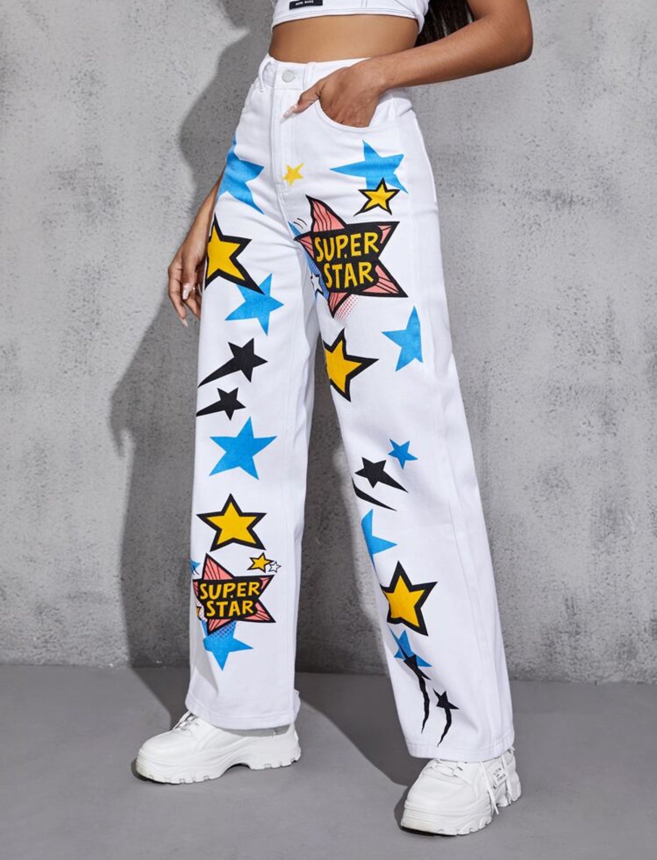 SHEIN High Waist Star & Letter Graphic Straight Leg Summer Jeans - L
