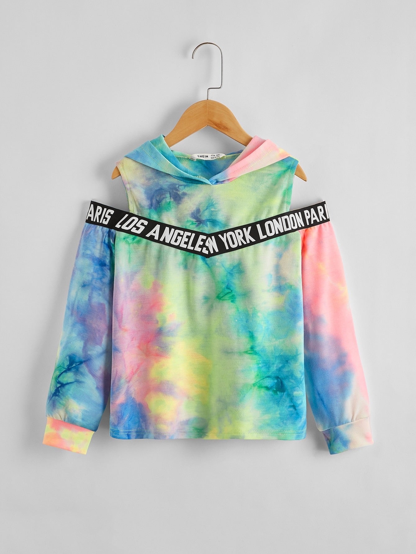 SHEIN Girls Tie Dye Letter Tape Detail Cold Shoulder Hoodie - 8Y