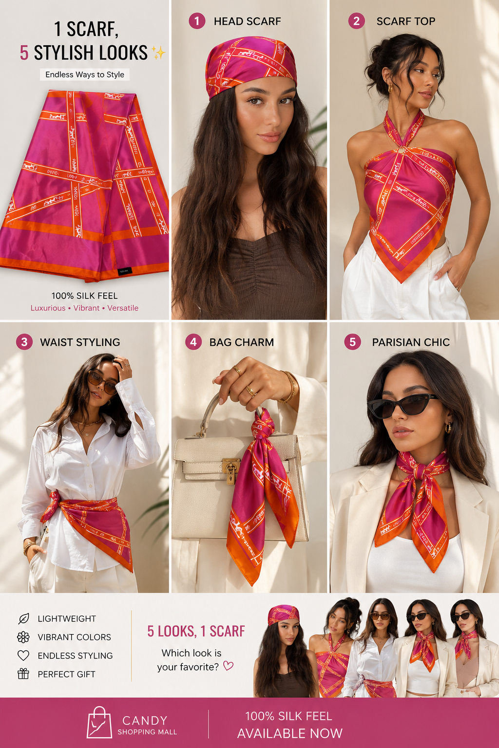 ✨ Luxury Pink & Orange 100% Silk Scarf – Elegant Square Satin Scarf