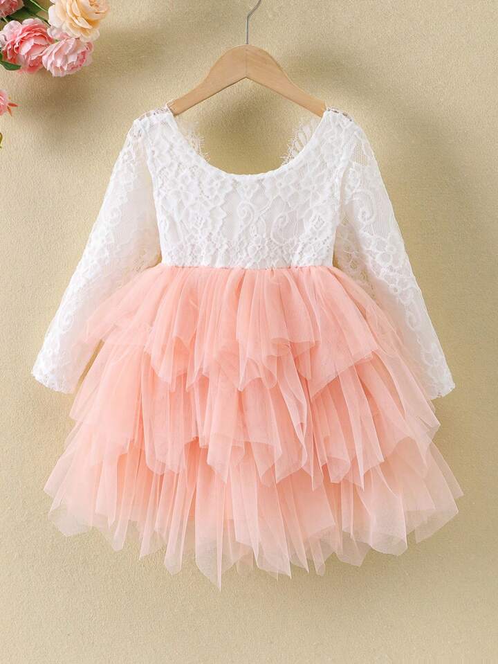 SHEIN Young Girl Contrast Color Round Neck Long Sleeve Mesh Summer Dress - 4Y