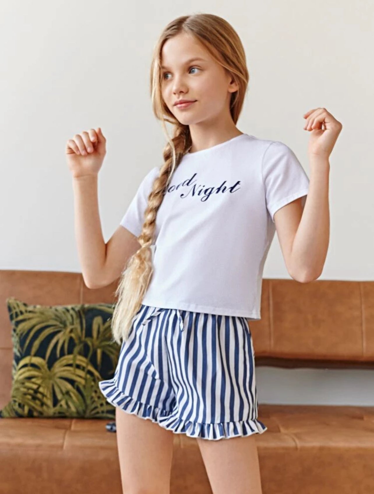 SHEIN Girls Letter Graphic Tee & Striped Ruffle Hem Shorts PJ Summer Set - 7Y