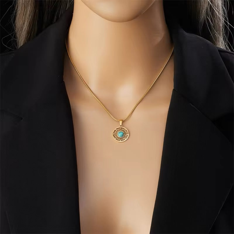 2024 Stainless Steel Round Turquoise Necklace Earrings for Women Jewelry Set High Quality Vintage Party Gift