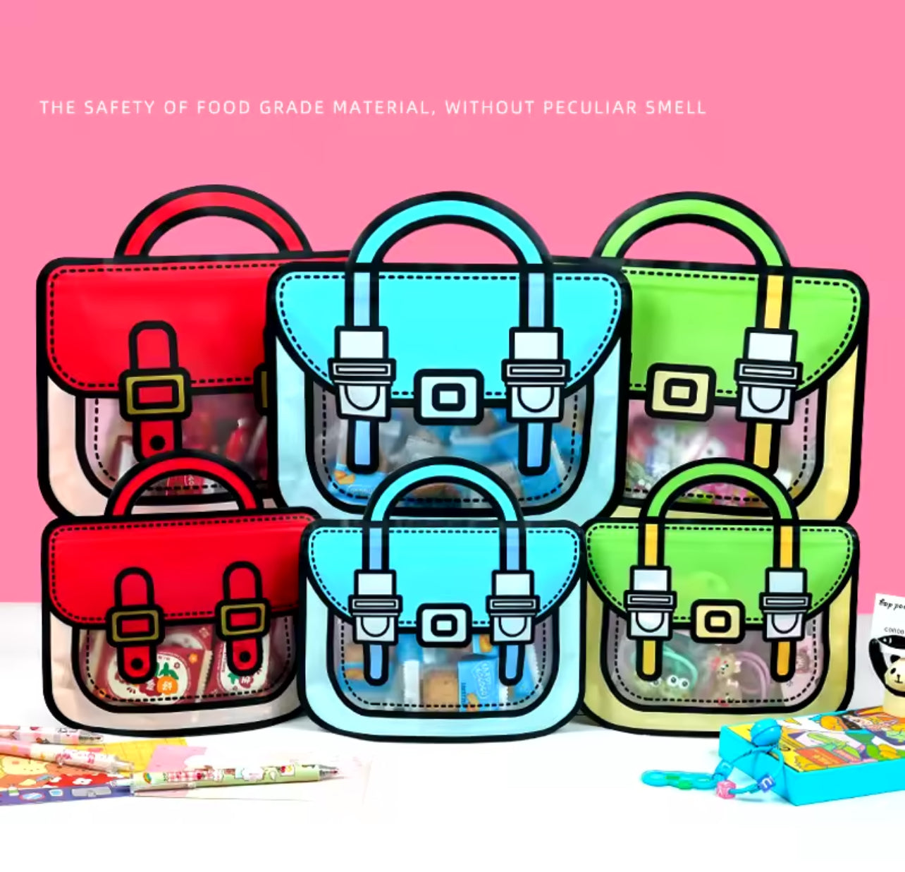 StoBag Candy Packaging Ziplock Bags Cute Snack Chocolate Tote Handle with Window Kids Cartoon Plastic Sealed Food Storage