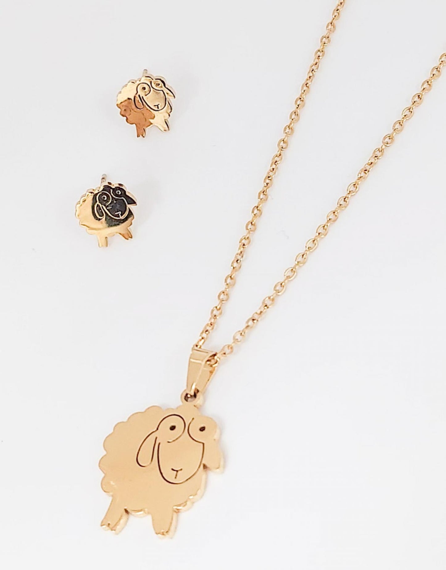 Stainless Steel Set Pendant Necklace Stud Earrings Lobster Sheep Gold