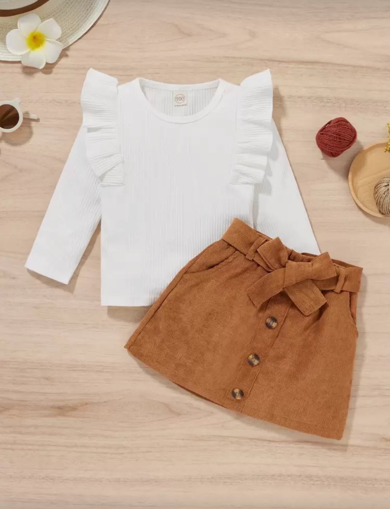 SHEIN Young Girl Ribbed Knit Ruffle Trim Top & Belted Skirt - 3Y