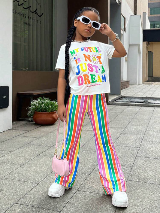 SHEIN Tween Girl Slogan Graphic Tee & Rainbow Striped Pants - 10 Years