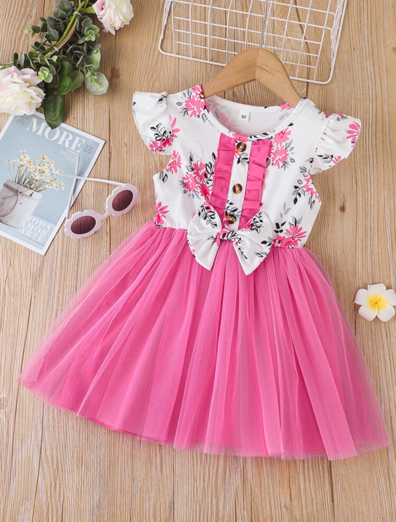 Shein Toddler Girls Floral Print Frilled Bow Front Ruffle Trim Mesh Overlay Summer Dress - 2,3 Years