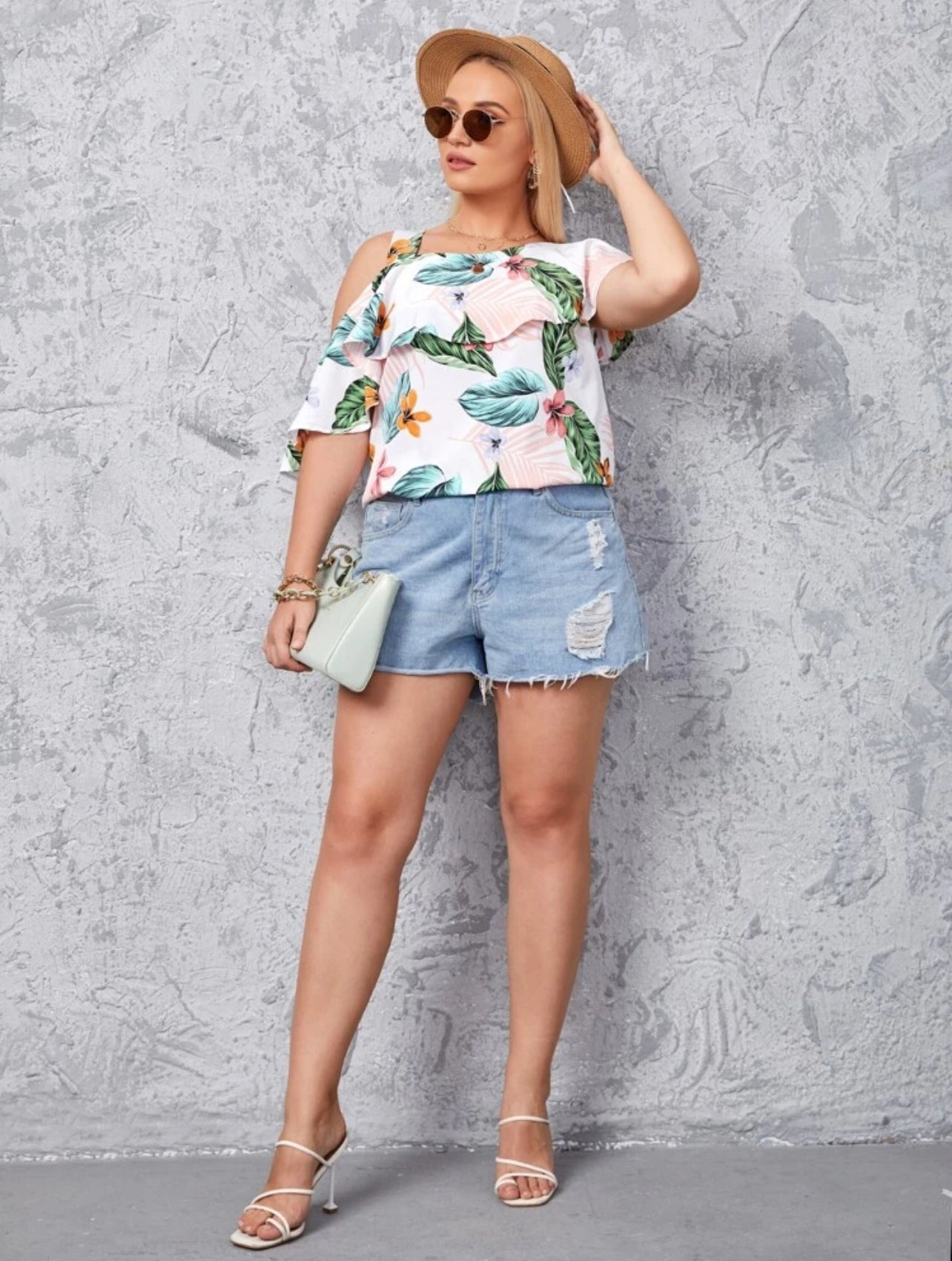 Shein Plus Floral Print One Cold Shoulder Blouse - 3XL