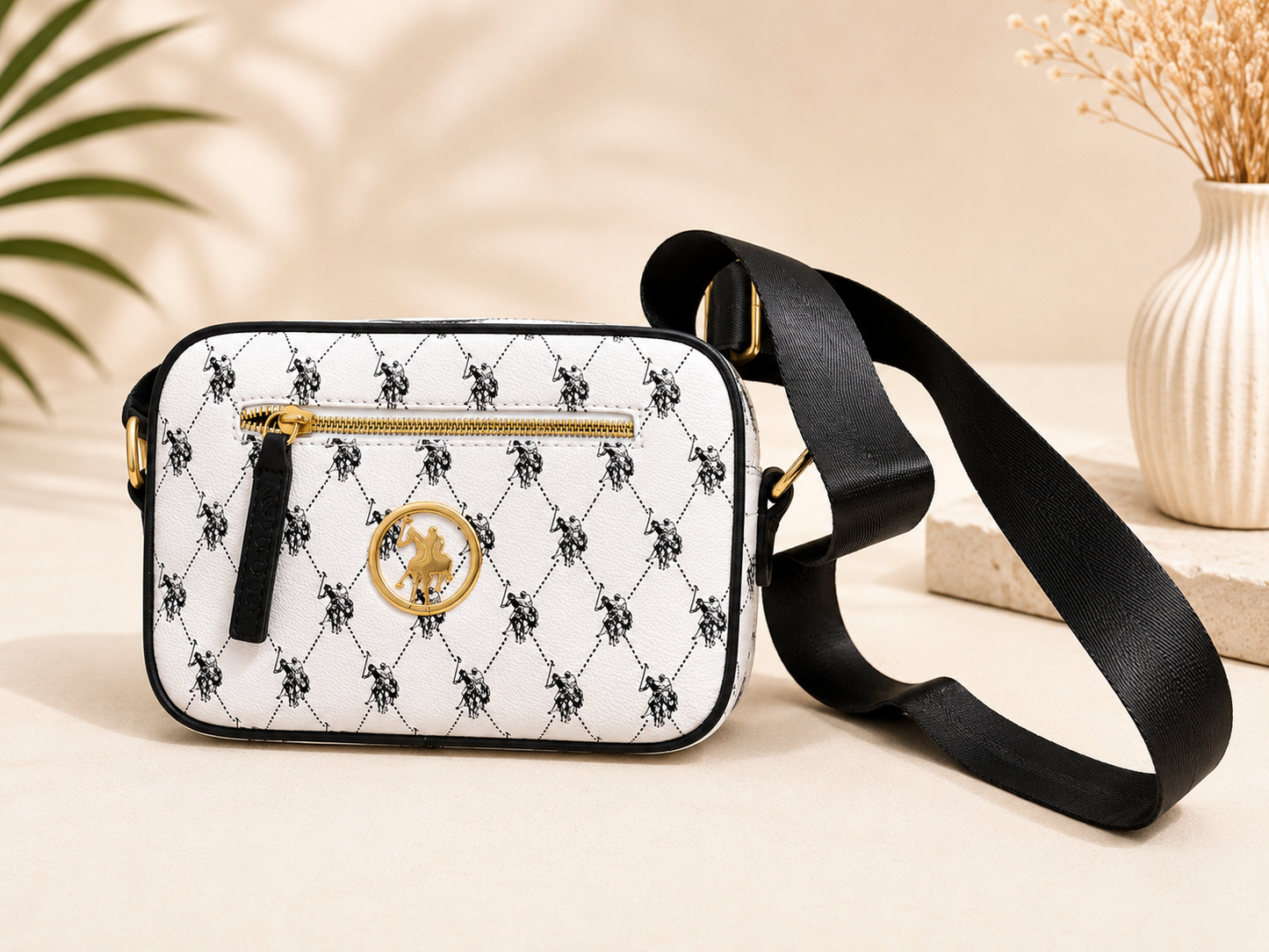 Classic Monogram Crossbody Bag – White & Black