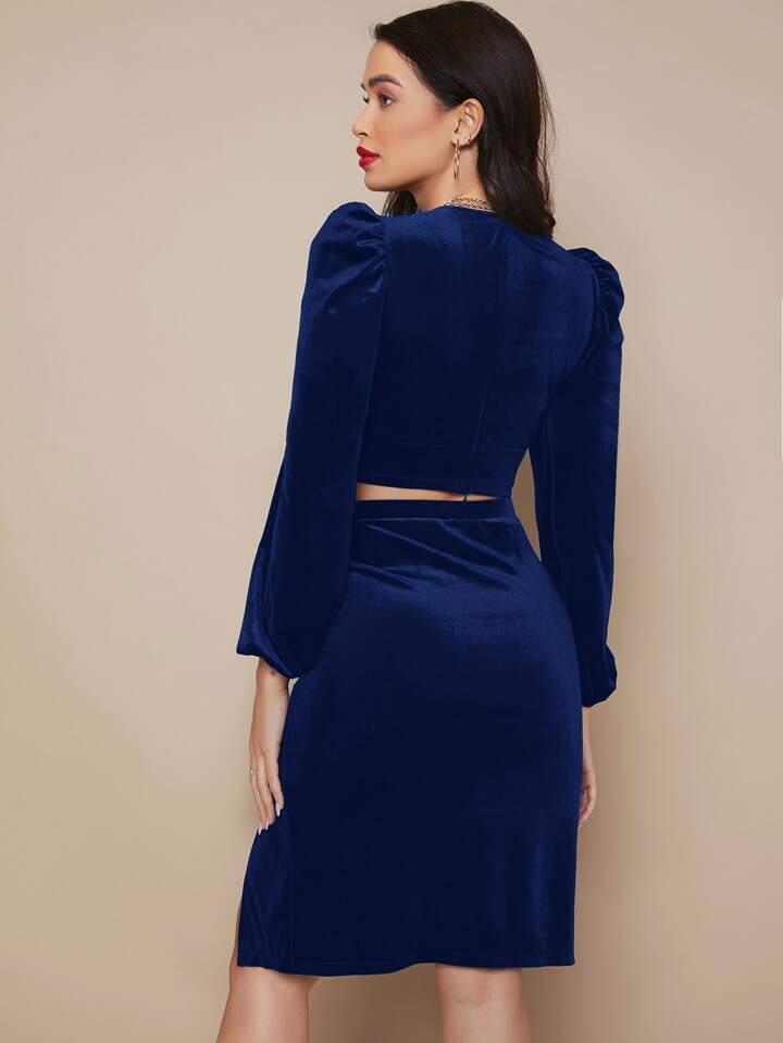 SHEIN Belle V-Neck Puff Sleeve Velvet Crop Top & Ruched Split Thigh Skirt Set - L