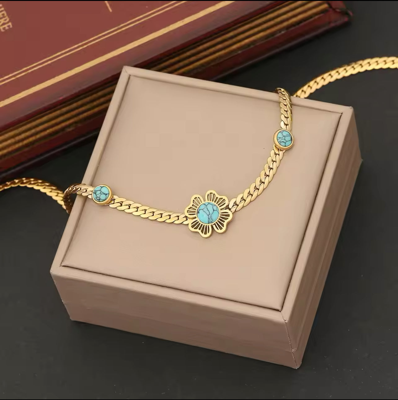 Pedina Stainless steel Turquoise Flower Necklace set (Necklace + Bracelet + earrings) For Women Fashion New Gift Neck Chain Waterproof Jewelry