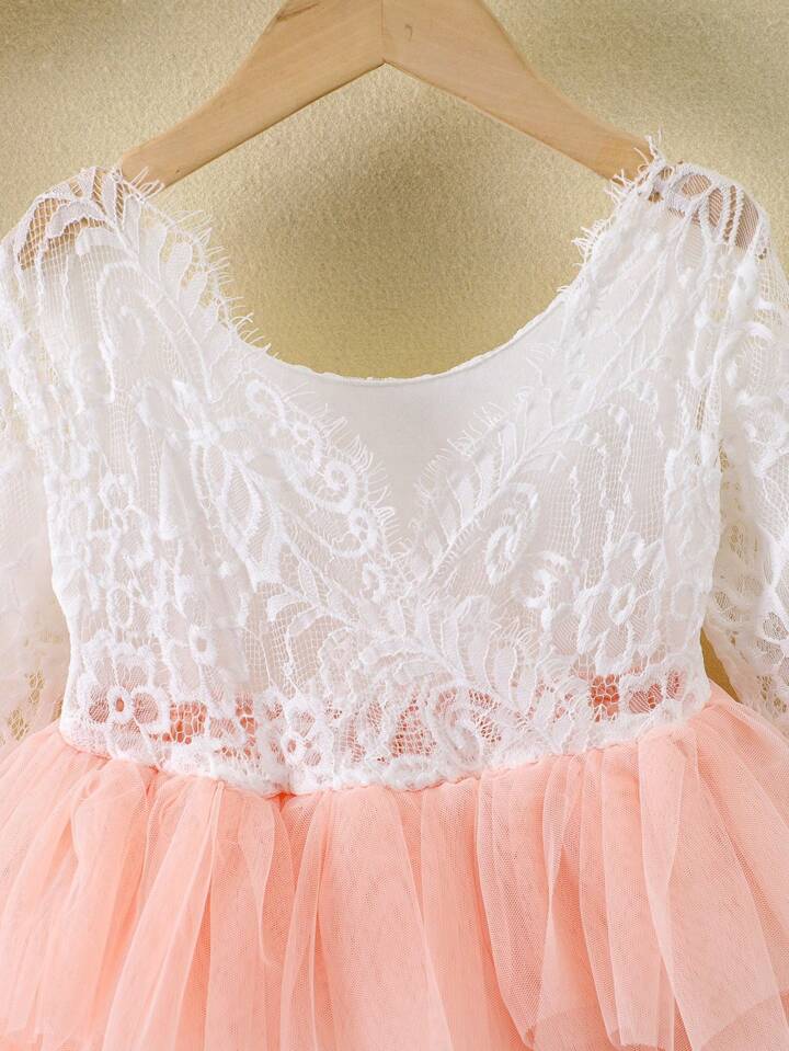 SHEIN Young Girl Contrast Color Round Neck Long Sleeve Mesh Summer Dress - 4Y