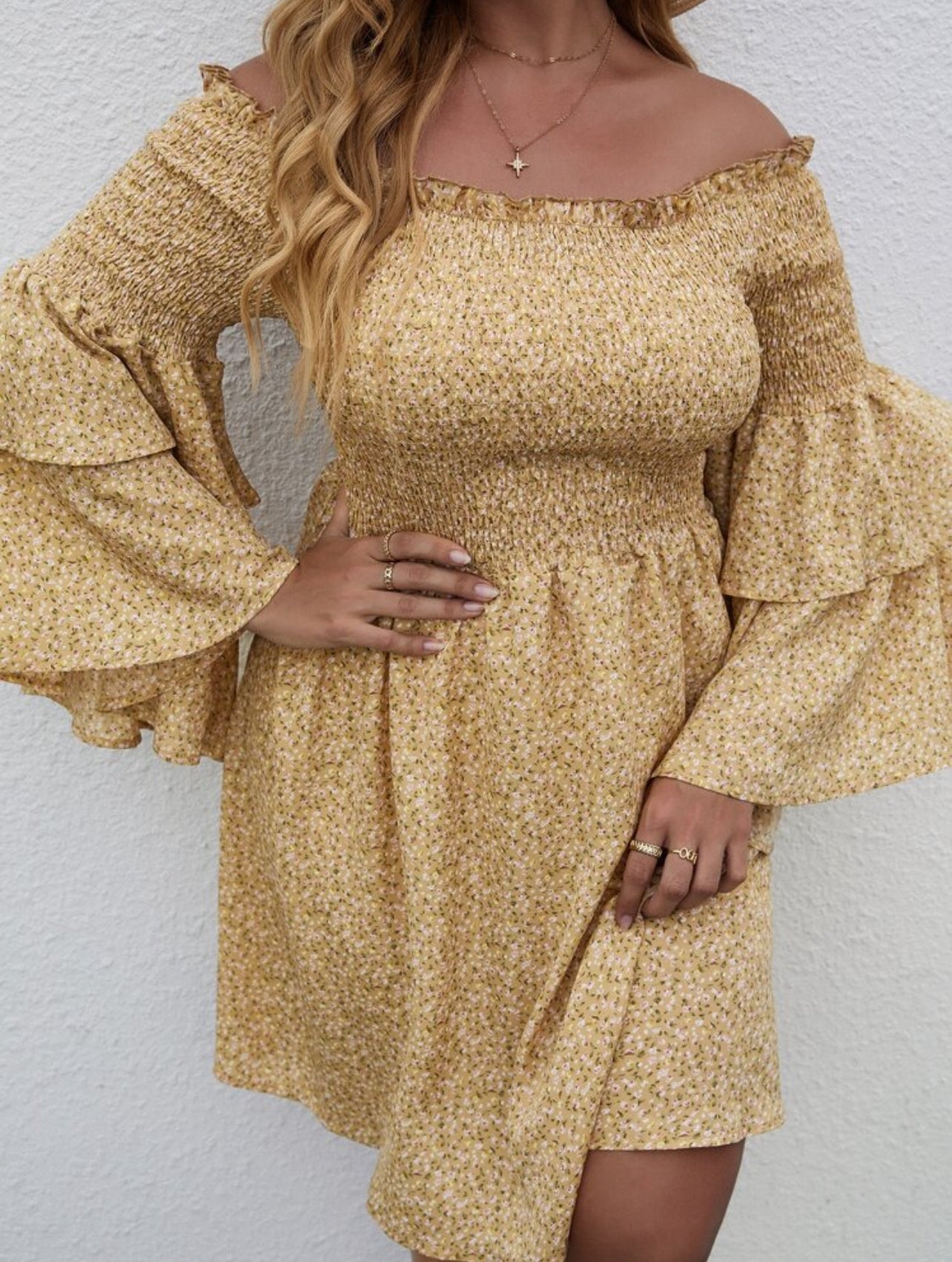 SHEIN Holidaya Plus Ditsy Floral Shirred Bodice Bardot Summer Dress - 0XL