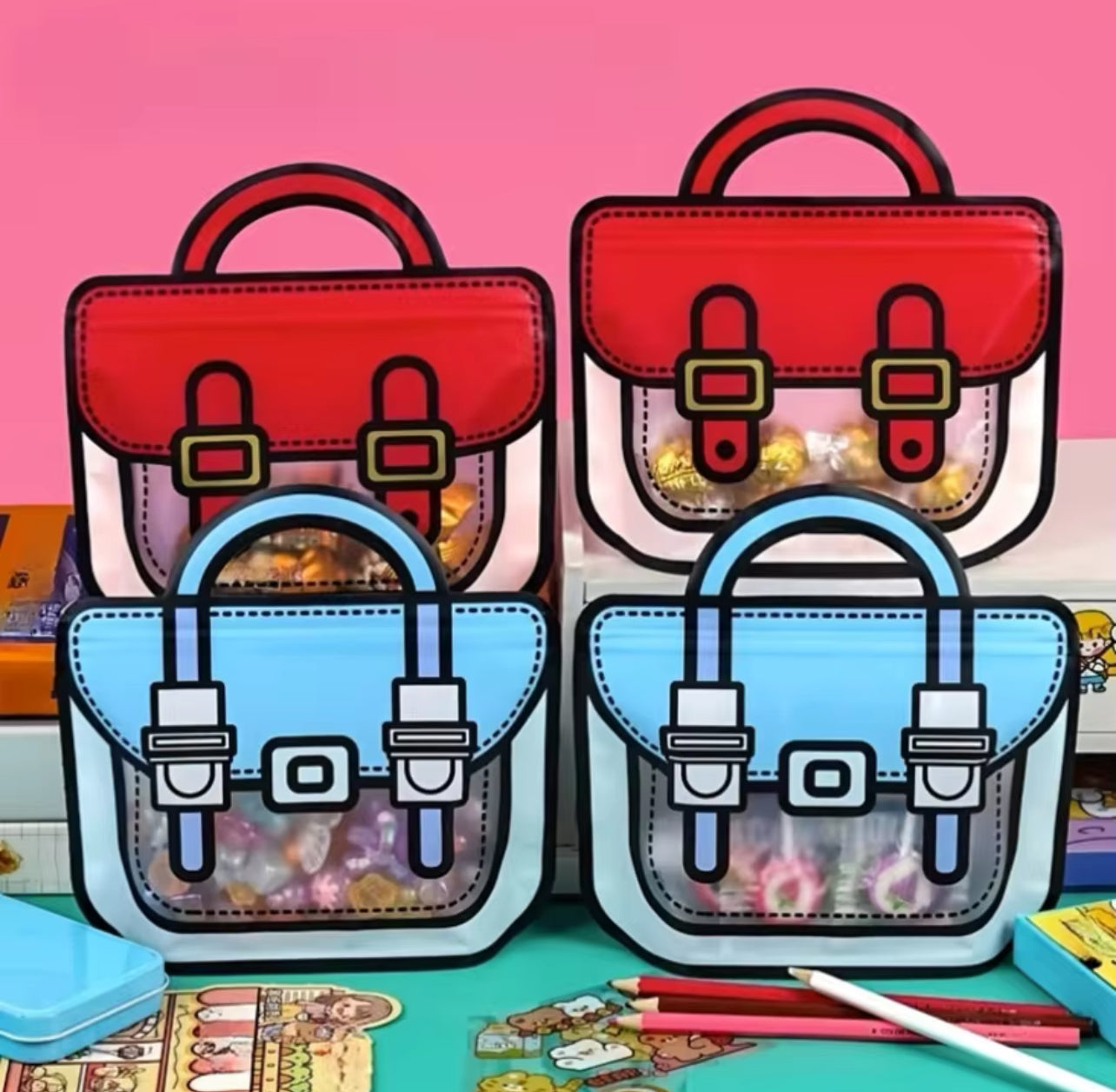 StoBag Candy Packaging Ziplock Bags Cute Snack Chocolate Tote Handle with Window Kids Cartoon Plastic Sealed Food Storage