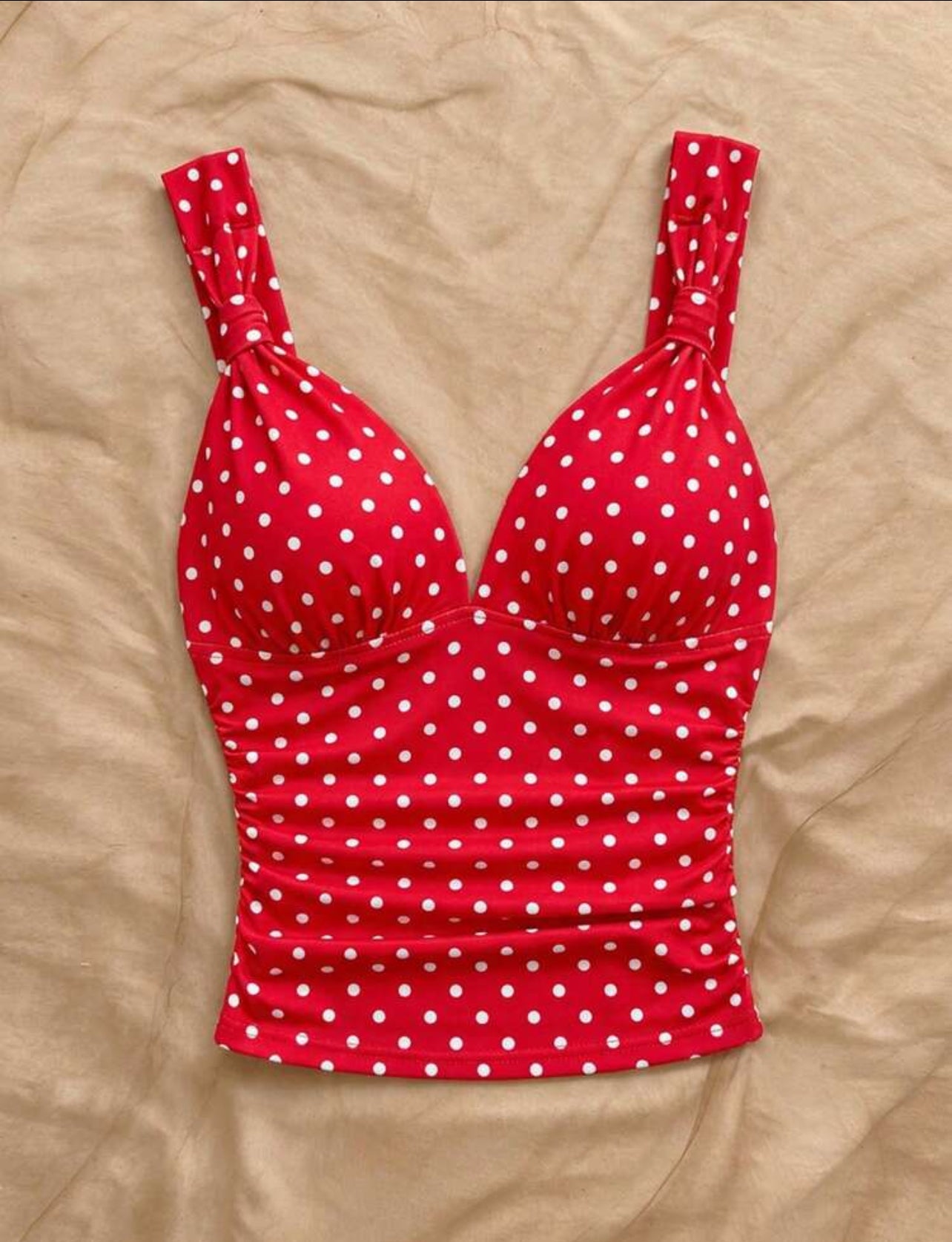 Soleia Women's Elegant Red And White Polka Dot Slim Fit Camisole,Summmer Retro Vintage 70s Twist Strap Ruched Knit Top,Vacation Boho Beach Cruise Outfit - S,M