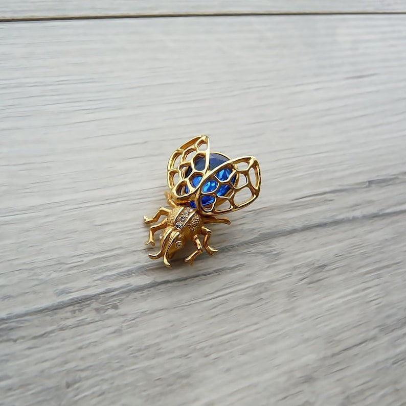 Vintage Art Deco Fly Brooch Gold Insect Pin Blue Crystal Costume Jewelry