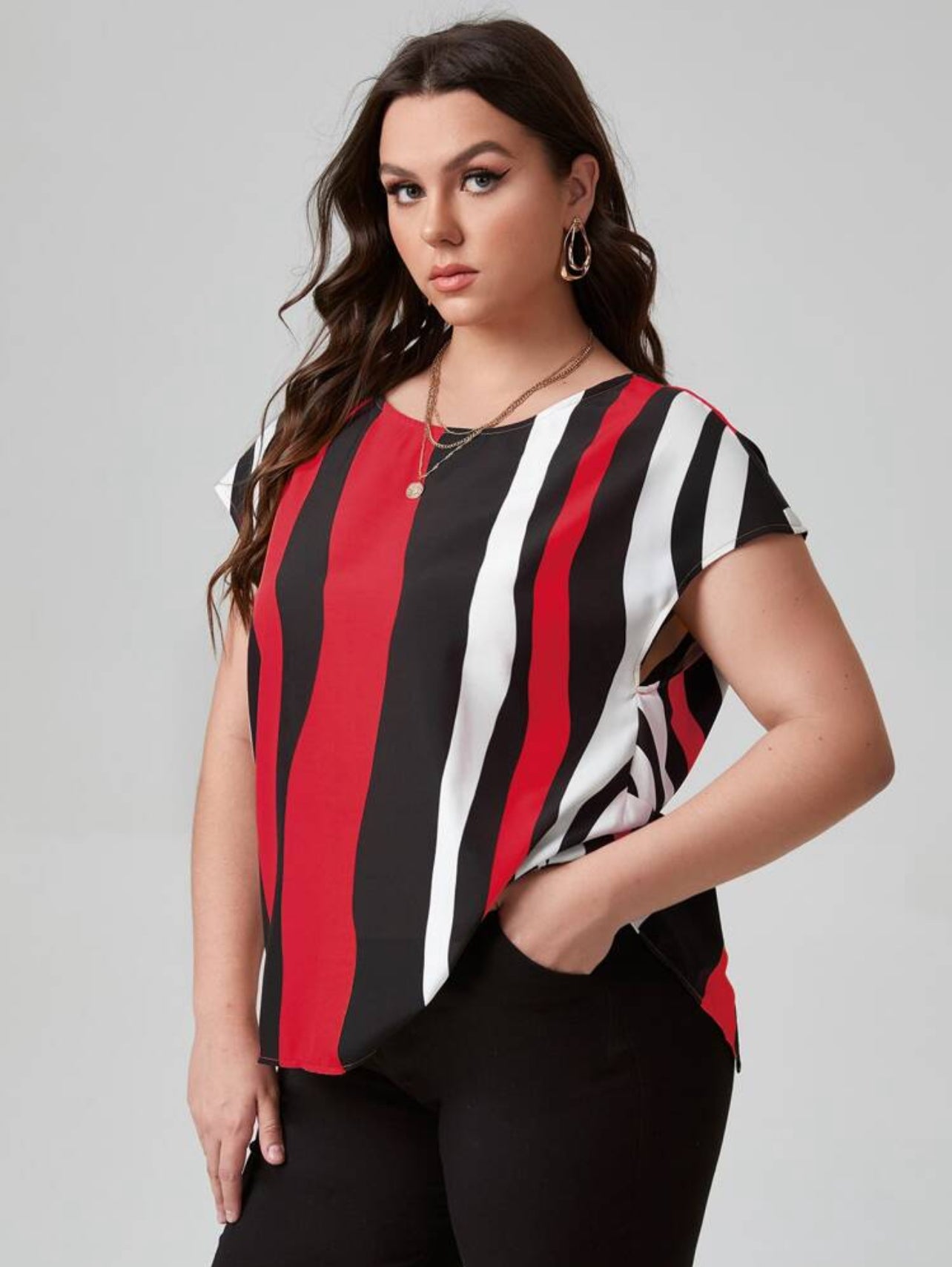 SHEIN Plus Colorblock Striped Print Twist Split Back Summer Blouse - 2XL