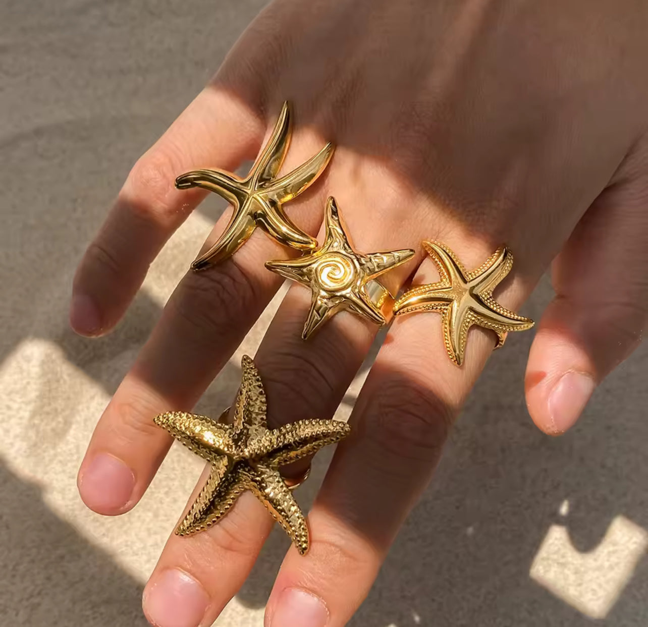 Uworld Ocean Vacation Style 18k Gold Color Plated Stainless Steel Sea Star Conch Shell Ring Waterproof Stackable Ring Women's Ac