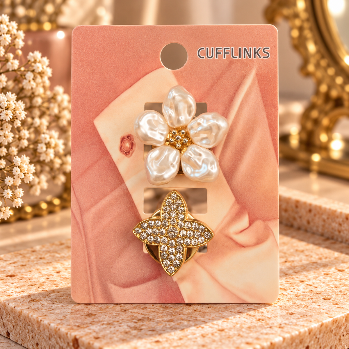 Gold Pearl Flower & Crystal Clover Shirt Cufflinks – Elegant & Chic