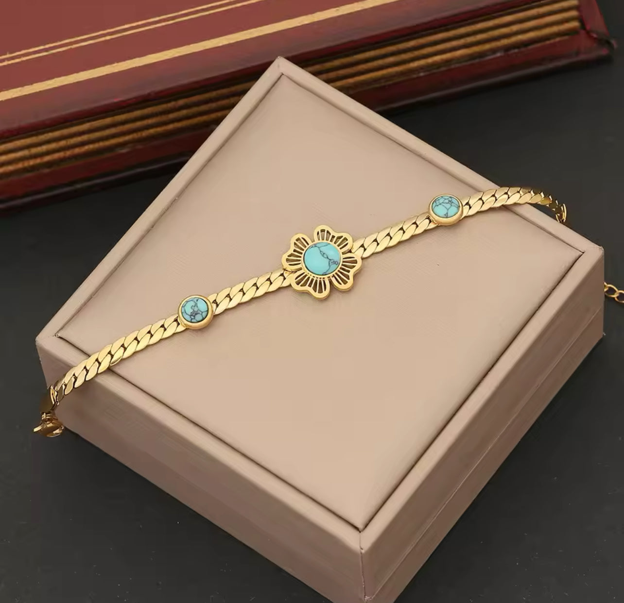 Pedina Stainless steel Turquoise Flower Necklace set (Necklace + Bracelet + earrings) For Women Fashion New Gift Neck Chain Waterproof Jewelry
