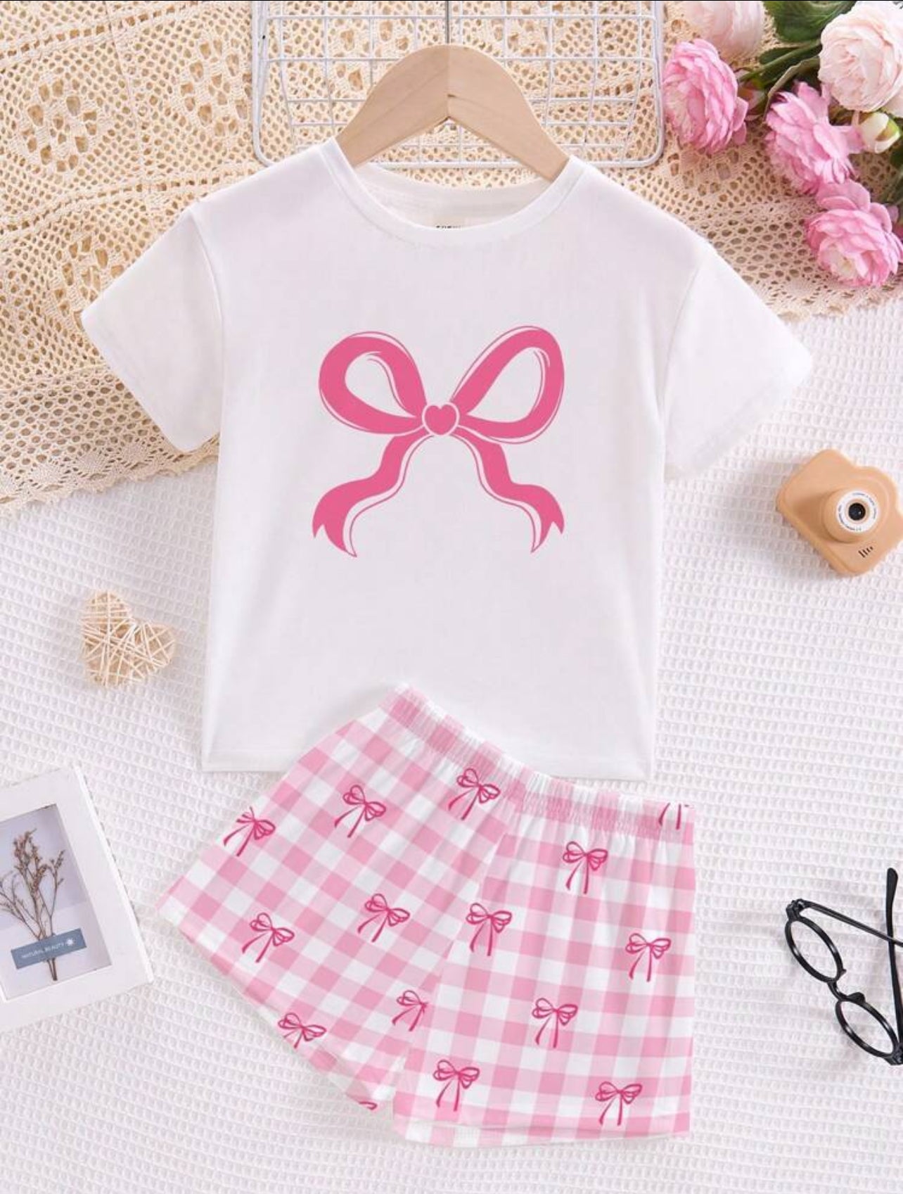 SHEIN Tween Girls' Casual Bow Decor Round Neck Short Sleeve T-Shirt And Plaid Shorts Pajama Set, Suitable For Summer Home Refresh - 10Years