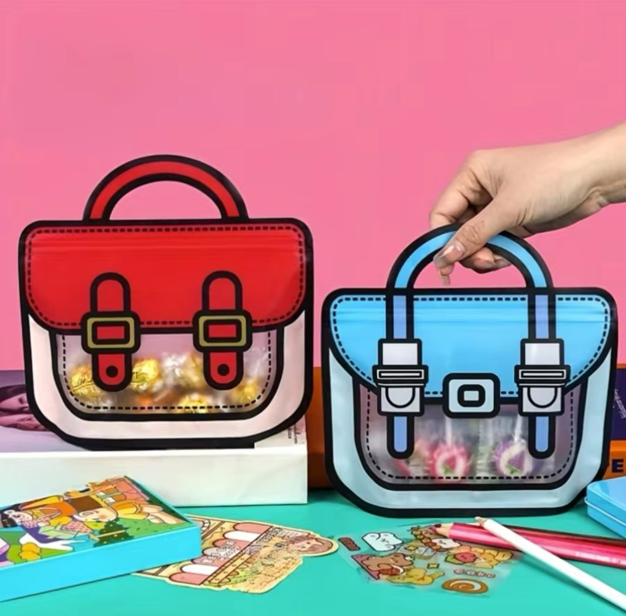 StoBag Candy Packaging Ziplock Bags Cute Snack Chocolate Tote Handle with Window Kids Cartoon Plastic Sealed Food Storage