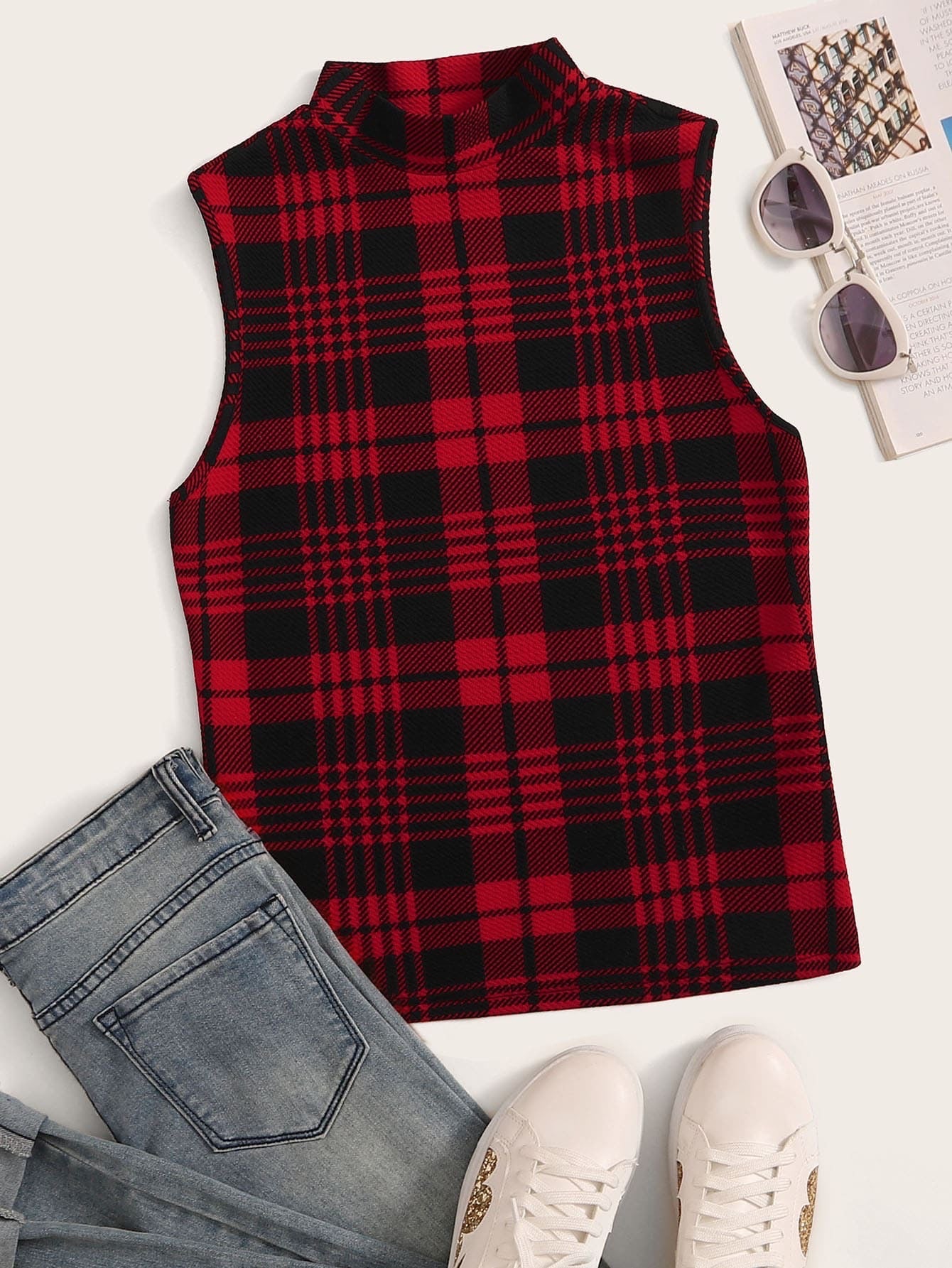 SHEIN Mock Neck Plaid Print Tank Top - S