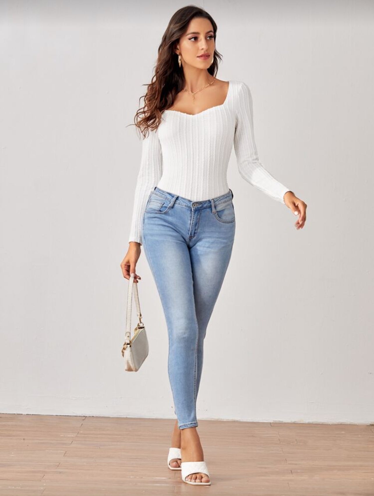 SHEIN Sweetheart Neck Textured Form Fitted Tee - XL