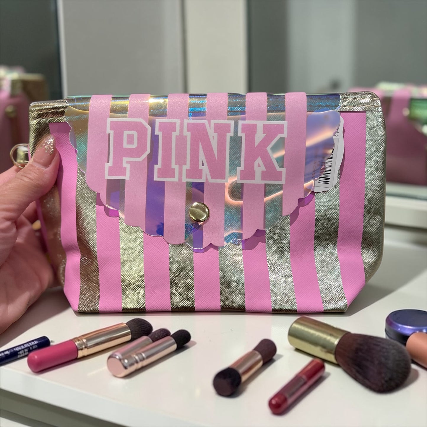 Victoria’s Secret Pink Striped Makeup Pouch – Cosmetic Bag with Zipper & Snap Flap, Travel Beauty Organizer