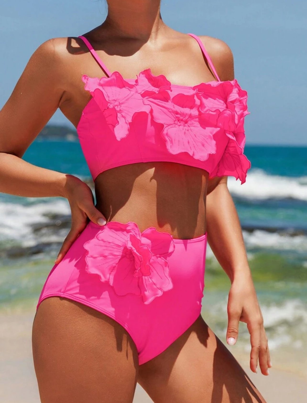 Swim Vcay Women's Summer Beach Hot Pink Solid Color 3D Flower Decorated Bikini Set Summer Two Pieces Set - Medium
