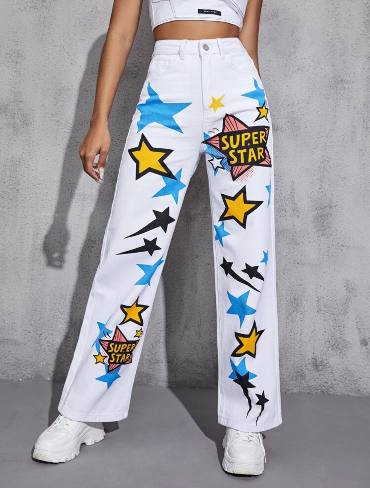 SHEIN High Waist Star & Letter Graphic Straight Leg Summer Jeans - L