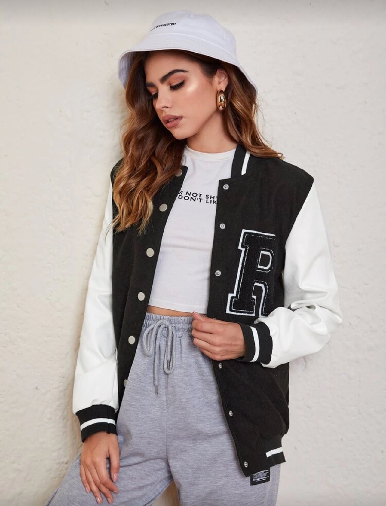 SHEIN Letter Patched Contrast Sleeve Varsity Jacket - M